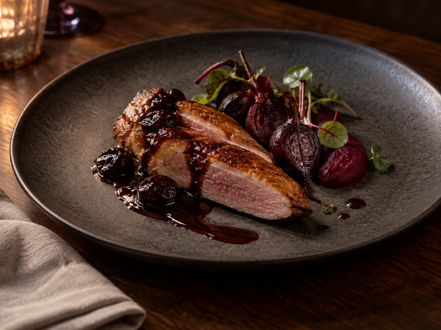 Kaczka z burakami i śliwką, danie restauracji